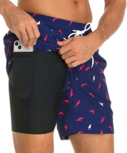 Kfnire Calções de banho para homem com forro de compressão e bolsos, calções de banho para natação secagem rápida hidrofugo para homem