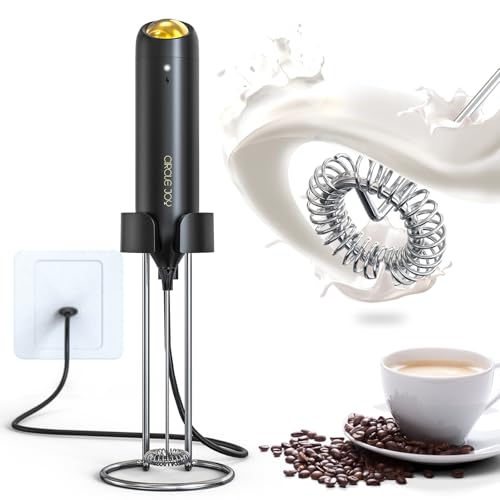 CIRCLE JOY Espumador de leite montado na parede, espumador de leite elétrico recarregável à mão com suporte de aço inoxidável 2 em 1 para café Capuchino Latte Matcha e chocolate quente