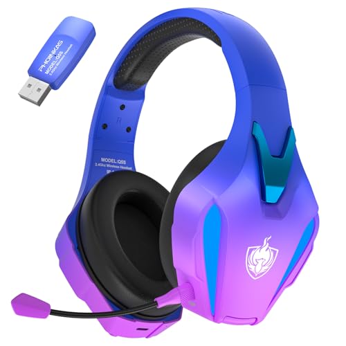 PHOINIKAS Auriculares Gaming sem fios, capacetes Gaming para PS4/PS5/PC, capacetes sem fios com microfone cancelamento de ruído removível, 7,1 estéreo, luz LED (roxo)