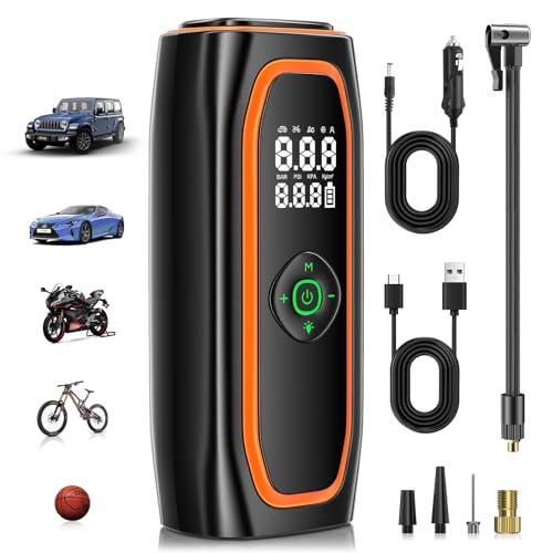 Compressor de ar portátil, 220 PSI insuflável elétrico com bateria 10000 mAh, insuflador de rodas carro inteligente de um clique para carro, motocicleta, bicicleta e muito mais com medidor de pressão