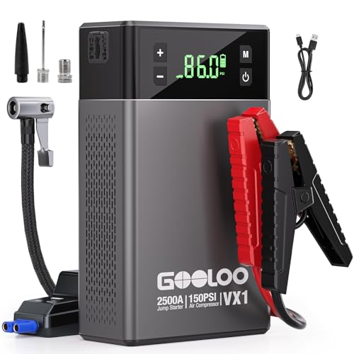 GOOLOO VX1 Arrancador de baterias de carro com compressor de ar, 2500A Booster iniciador de carro de 12 V com enchimento digital de pneus de 150 PSI, para 8,5 l de gasolina ou 6,0 L de diesel