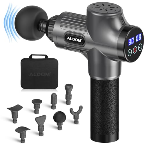 Pistola de massagem muscular, ALDOM Massage Gun massajador músculos profissional e carga tipo C, 30 níveis ajustáveis, silenciosos, 8 cabeças massajador (cinzento prateado)