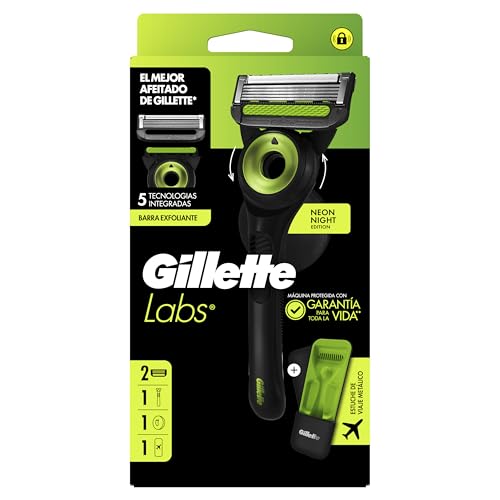 Gillette Labs Máquina de barbear Neon Night Edition, 1 cabo com barra de esfoliação integrada, 2 lâminas de substituição com faixa de lubrificante, 1 estojo de viagem, 1 cabide de parede
