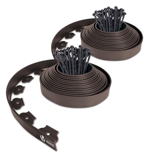 VOUNOT® Borda do jardim, relva borda, plástico flexível, comprimento 20 m, altura 5 cm, com 60 pinos, castanho