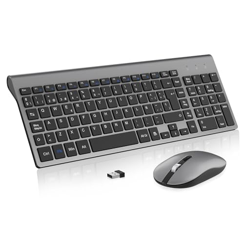 Teclado e rato sem fio, cimetech KF10 EasyTyping [teclas que economizam trabalho] teclado e rato sem fios ultrafinos para computador, fácil de configurar para PC/portátil/Mac/Windows, cinzento