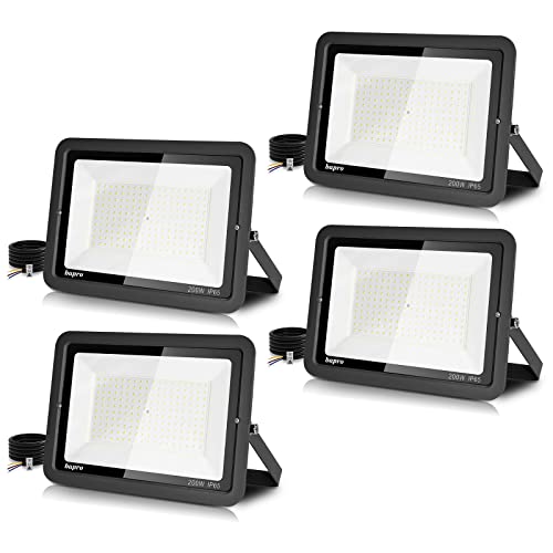 4 Pack Foco LED para exterior, 200 W, alto brilho 20000 LM projetor LED exterior iluminação 3000 K branco caldo, luz de segurança impermeável IP65, candeeiro LED parede teto para jardim garagem