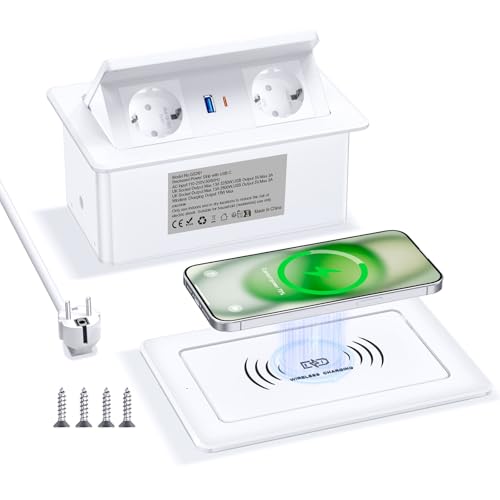 Tomada recarregável mesa com USB C PD 20 W e 15 W de carregamento sem fios, tomada recarregável 2 tomadas para móveis ou superfícies de trabalho, cabo de 1,8 m, branco
