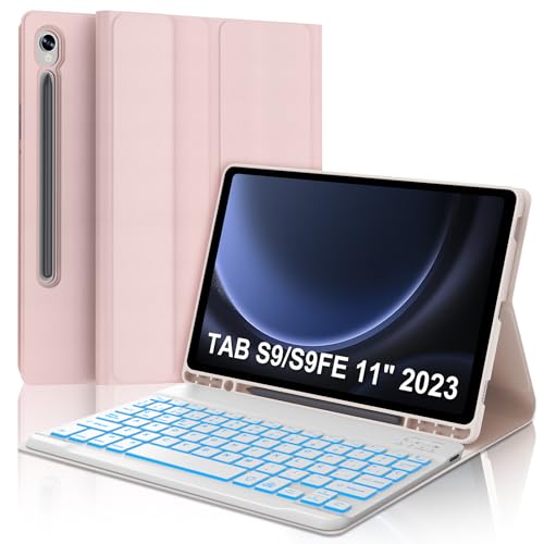 SENGBIRCH Capa teclado para Samsung Galaxy Tab S9 FE 10.9", teclado Galaxy Tab S9 11" 2023, teclado Espanha Ñ Bluetooth retroiluminação desmontável para Samsung Galaxy Tab S9/S9 FE 2023, rosa