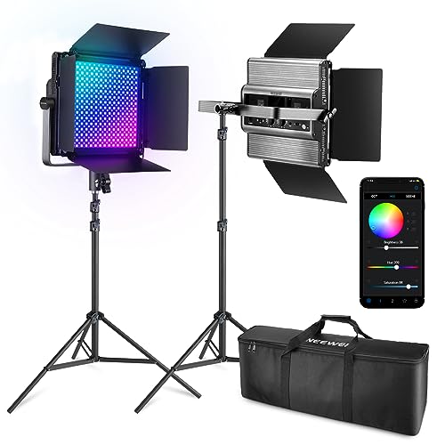 NEEWER RGB1200 Kit de luz de vídeo painel LED RGB, controlo de aplicação/2,4 G 60 W com suporte, 22000 Lux@0,5 m/atenuação precisa/CRI+97/TLCI+98/2500K-8500K/18 efeito iluminação ação contínua para
