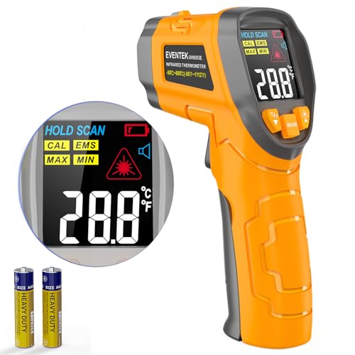 Eventek Termómetro infravermelho, pistola de temperatura a laser - 50 °C ~ 600 °C (-58 ° F ~ 1112 °F) digital sem contacto com ecrã LCD colorido para cozinha/reparar/pizza, emissividade ajustável (não
