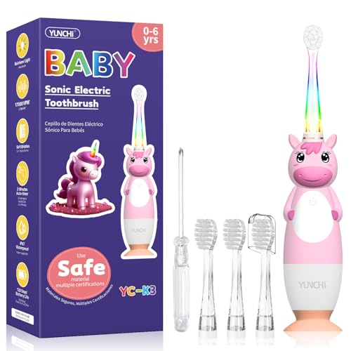 YUNCHI Escova de dentes elétrica para crianças dos 0 aos 6 anos, de silicone, escova de dentes elétrica para crianças pequenas, com luz LED, com temporizador, 4 cabeças macias YC-K3 (unicórnio