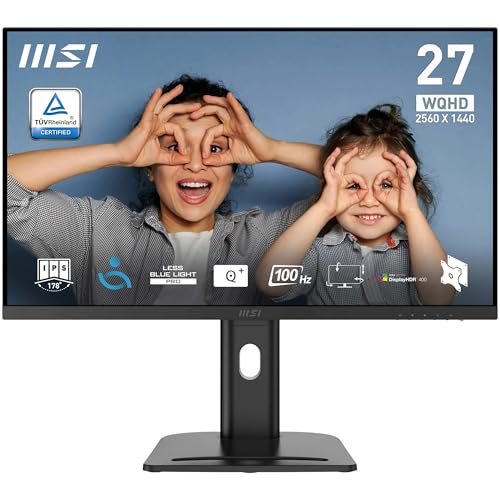 MSI Pro MP273QP E2 Monitor profissional WQHD de 27", painel IPS 2560 x 1440, 100Hz, 4 ms, painel IPS 2560 x 1440, 100 Hz, 400 nits, antirreflexo, altifalantes integrados, Preto