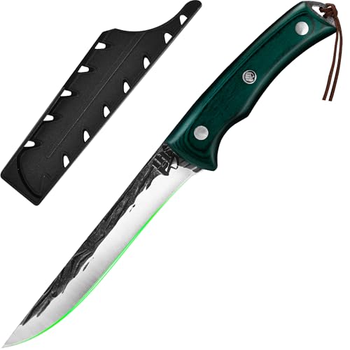 FULLHI Faca de desossar com capa, faca de cozinha Full Tang, faca de aço de carbono para trinchar e desossar, faca de pesca para casa, campismo churrasco (verde, 15,5 cm)