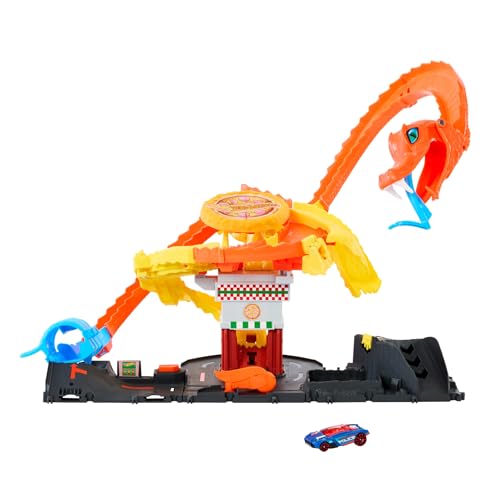 Hot Wheels City "Let's Race - a correr!" Netflix - Pizza Slam ataque de cobre pista para carros de brinquedo com serpente, inclui 1 veículo, + 4 anos (Mattel HTN81)