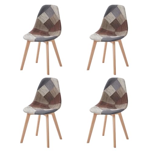 GrandCA HOME Pacote de 4 cadeiras de sala de jantar cadeiras de cozinha, com pernas de madeira, cadeiras de tecido Patchwork com almofada de assento acolchoado, castanho