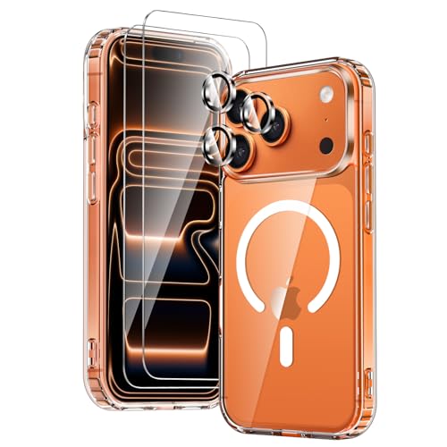 COPIKE Capa magnética para iPhone 17 Pro MAX com 2 vidro temperado e 2 protetor de câmera, compatível com MagSafe, capa anti-choque anti-amarelo tampa traseira resistente a riscos, transparente