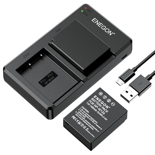 ENEGON NP-W126S / W126 Bateria de substituição (embalagem de 2) e carregador duplo USB para Fujifilm X100VI X100V X100F X-T1 X-T3 X-A1 X-E1 X-E2 X-E3 X-M1 X-Pro1 HS30EXR HS30EXR HS33030EXR HS3030EXR