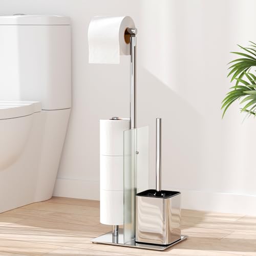 Suporte para rolos de papel higiénico de pé de aço inoxidável, suporte para papel higiénico e escova, sem necessidade de furar, escova e suporte de rolo de papel higiénico (prata)
