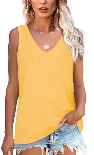 NONSAR T-shirt básica de verão sem mangas para mulher. T-shirt elástica com decote em V e bolso, t-shirt interior confortável de estilo casual