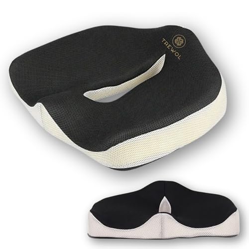 TREWOL Almofada Coxis ergonómica, espuma viscoelástica para cadeira de escritório, carro e rodas, anti-escaras, respirável, capa lavável e antiderrapante, 45 x 38 x 13/7 cm (branco/preto)