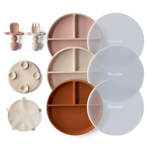 Moonkie Pratos de silicone para bebé, 3 peças anti-capotamento com garfo e colher, prato ventosa, adequado para máquina de lavar louça, frigoríficos e micro-ondas (Blush/amarelo terra)
