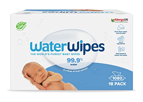WaterWipes Toalhetes húmidos originais para bebés, sem plástico, 1080 unidades (embalagem de 18), 99,9% base de água e sem perfume para peles sensíveis