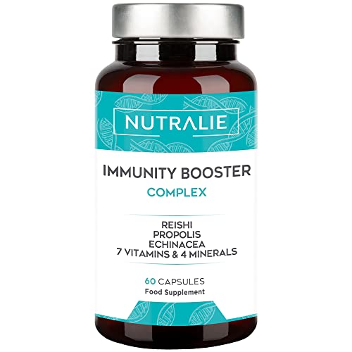 Defensas imunitárias fortes, Vit C e Equinácea + Própole Reishi zinco selénio ferro, vitaminas sistema imunitário puro, IMMUNITY BoOSTER 60 cápsulas Nutralie