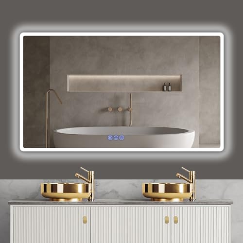 Espelho de casa de banho com luz 120 x 70 cm, espelho de casa de banho LED com anti-embaciamento, 3000 K/4500 K/6000 K, regulável, memória e vidro temperado HD (IP65), espelho com luz de banho LED