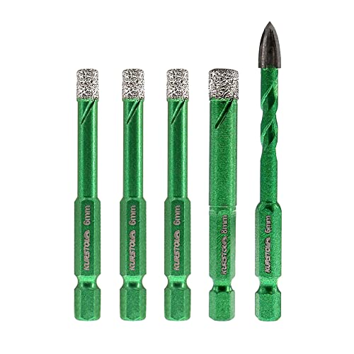 KURSTOL Brocas de diamante - 4 peças 6/6/6/8 mm broca coroa, 1 peça 6 mm broca carbono haste de mudança rápida - para azulejo de cerâmica porcelana mármore granito