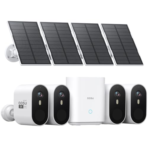 AOSU 2 K Câmara de vigilância WiFi exterior solar, 4 câmaras kit com homebase, câmara de segurança sem cabos, vista ultra larga de 166°, sem taxa mensal, visão de pontuação a cores, 2,4 G/5 Ghz Wihz