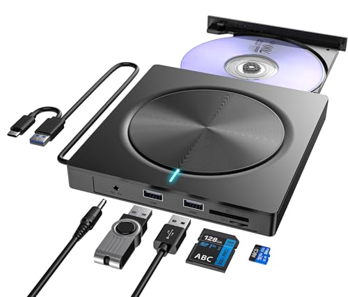 Leitor CD/DVD externo, gravador externo com USB 3.0 e USB-C, unidades portáteis CD/DVD/-RW/ROM estável, leitor de cartões SD TF e 2 portas USB 3.0 para PC/portátil/Win 11/10/8/7/XP/Vista/Mac. Tamanho