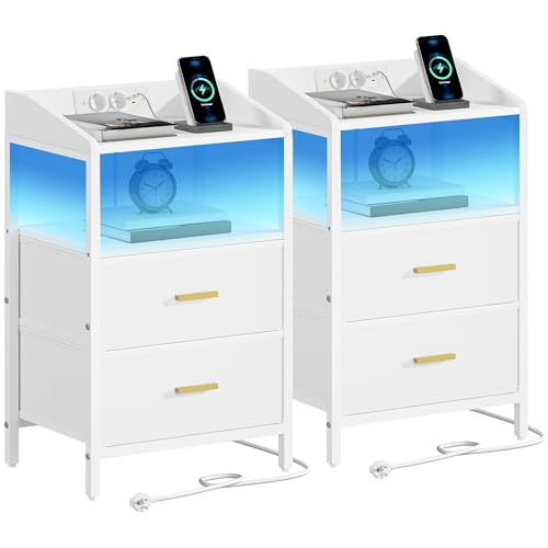 Hzuaneri Mesinha de cabeceira conjunto de 2, com luzes LED e estação de carregamento, mesa auxiliar moderna com portas USB e tomadas de corrente, com prateleira aberta para quarto, sala de estar