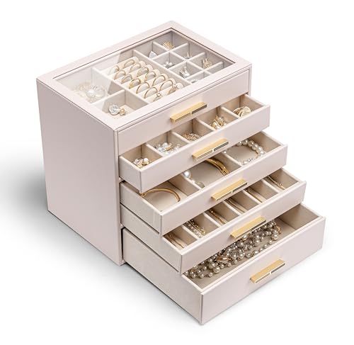 Vlando Caixa de jóias grande com 5 níveis, organizador de jóias com tampa de vidro, 5 gavetas, colares, brincos, relógios, pulseiras, armazenamento de jóias, moderno, Cinderela Plus, cor rosa