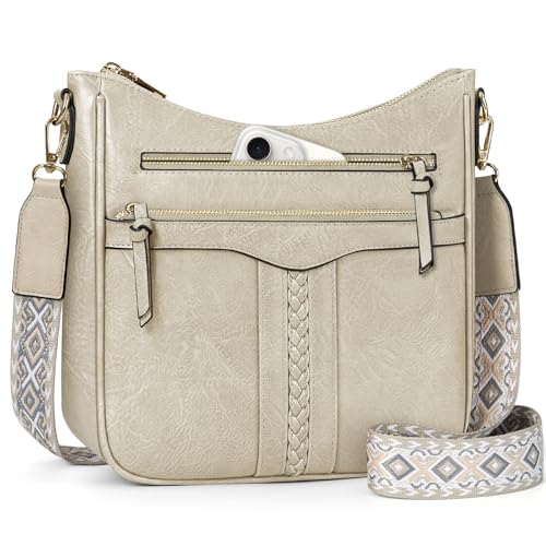 RAINSMORE Bolsa de tiracolo mulher couro PU mala mulher bolsa tiracolo com alça larga ajustável e removível bolsa cruzada compras trabalho, Bege