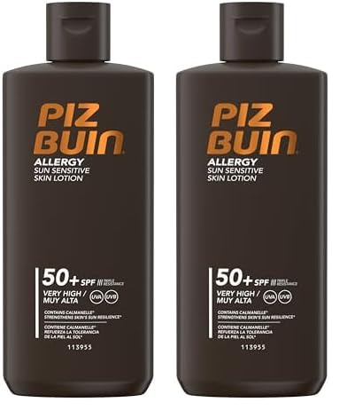 PIZ BUIN Allergy Protetor solar corporal SPF 50+, proteção muito alta para peles sensíveis, loção corporal, proteção UVA/UVB, absorção rápida, 200 ml (embalagem de 2)