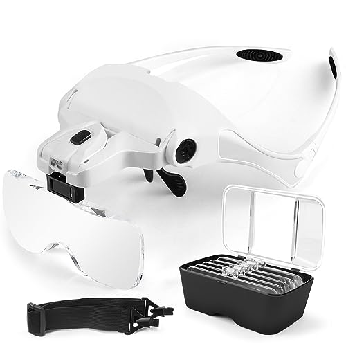 AUTOPkio Lentes de aumento, lupa com luz 2 LED, luzes de grande aumento para modelismo, reparações, costuras, jóias e relógios, intercambiáveis 5 lentes 1,0X, 1,5X, 2,0X, 2,5X, 2,5X, 3,5X (branco)