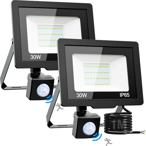 nipify Focos LED para exterior com sensor de movimento, 2 unidades 30 W holofote LED para exterior, 6500 K, projetor branco frio, LED exterior IP65, impermeável iluminação de exterior e segurança para