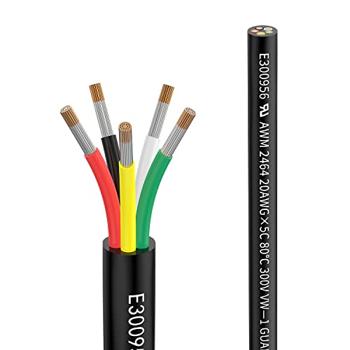Cabo 20AWG 5 × 0,5 mm² 20 metros cabo extensão de 5 polos UL2464, tensão 5 V/12 V/24 V/300 V, cabo de cobre estanhado multitrançado sem oxigénio cabo LED de baixa tensão para lâmpadas LED de
