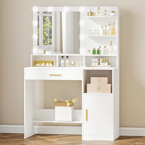 Hzuaneri Voucher com espelho e 10 luzes LED, toucador de maquilhagem com 3 prateleiras e 4 compartimentos abertos, toucador com gaveta grande e armário, 3 luzes ajustáveis, branco DT41303XUE