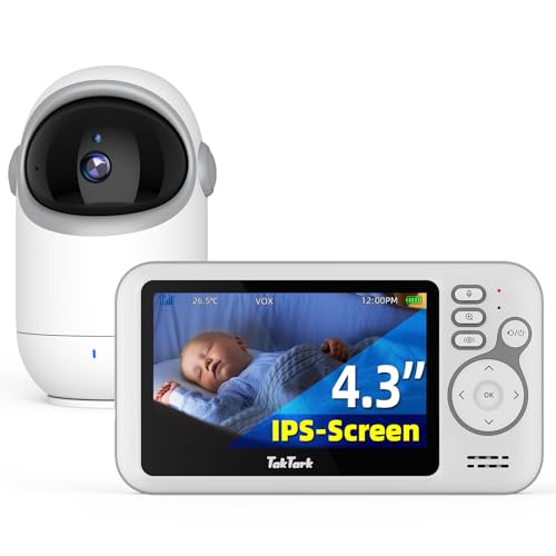TakTark Câmara de vigilância para bebé, monitor de bebé de 4,3'' com câmara de rotação de 300°, monitor sem fios para bebé com visão noturna, VOX, comunicação bi-direcional, sensor de temperatura,