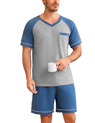 Irdcomps Pijama para homem verão algodão conjunto de pijamas de manga curta e calções de pijama curto roupa de dormir 2 peças bolsos S-XXL