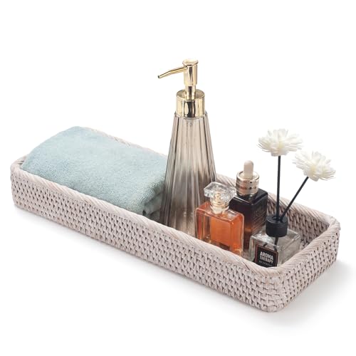 Bandeja de vime de banho cestas de armazenamento organizador para toalhas de mão, decorativas (branca 41,5 x 15,5 x 5 cm)