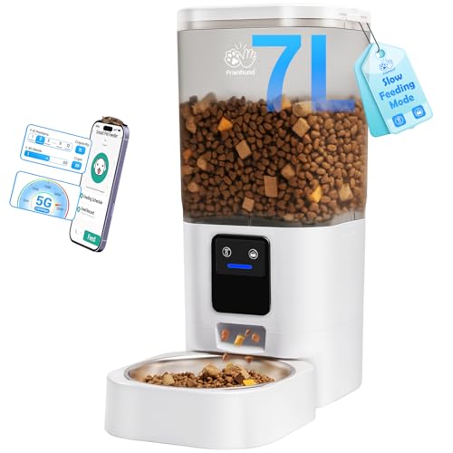 Alimentador automático para gatos com 5 g WiFi: Alimentador automático para cães de grande raça com recipiente de armazenamento de alimentos para cães 7 l, dispensador de comida para gatos com Alexa