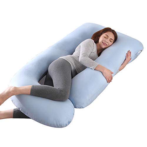 Shanna Almofada de dormir grávida, almofada amamentação de corpo inteiro, grande atualização em forma de U e suporte de maternidade com capa de algodão substituível (azul)