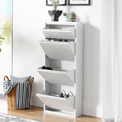 [en.casa] Sapateira de parede Sokndal organizador de sapatos com 3 portas para 6 pares e 1 compartimento pequeno armário de sapatos para entrada corredor de metal 118 x 50 x 15 cm - branco