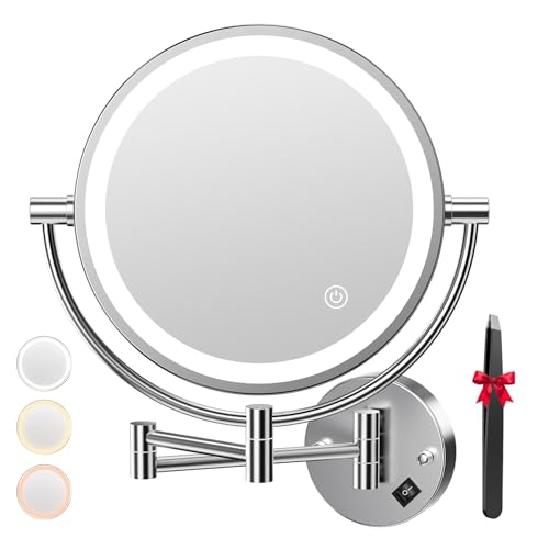 Auxmir Espelho maquilhagem com luz de parede, 1 x / 20 X aumento dupla face rotativo 360, espelho casa de banho extensível tátil com tomada, 3 cores brilho regulável, para hotel, SPA, prata