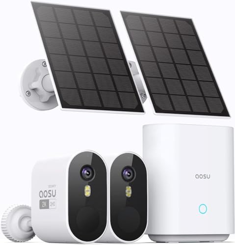 AOSU 2 K Câmara de vigilância Wi-Fi exterior solar, 2 câmaras kit com homebase, câmara de segurança sem cabos, 166° vista ultra larga, sem taxa mensal, visão de pontuação a cores, 2,4 G/5 Ghz Wihz Fi