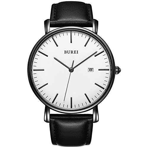 BUREI Relógio de pulso minimalista analógico com data e correia de pele para homem