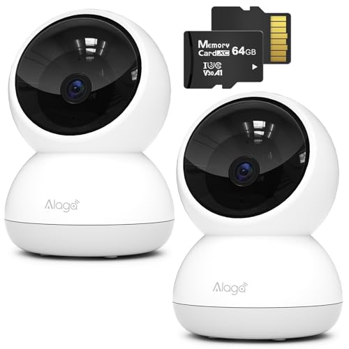 Alaga Câmara de segurança, câmara de vigilância de 360°, 2,4 GHz e 5 GHz WiFi, detecção de movimento AI, visão noturna, voz, branco, 2 unidades com cartão SD de 64 GB incluído