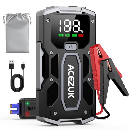 ACEZUK Arrancador de carros 3000A, 12 V arranque de baterias para carros (para 5,5 L Disessel ou 7,0 L Gás), Jump Starter com 2,5 polegadas ecrã LCD, clipes de segurança inteligentes, luz LED